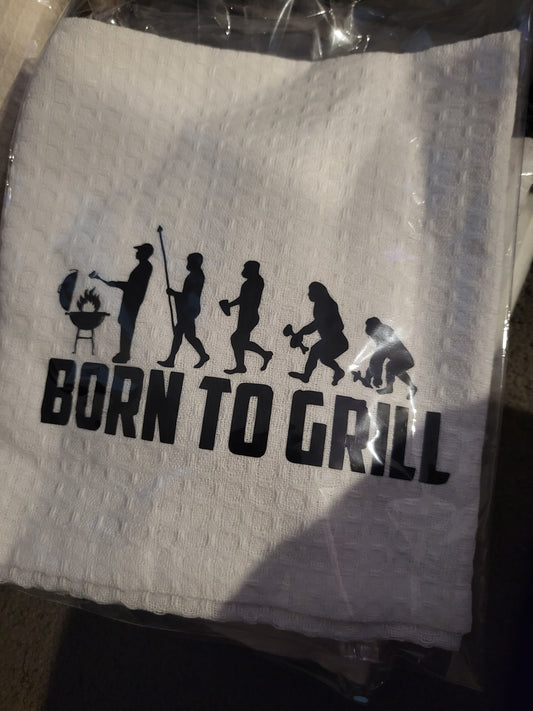 BORN TO GRILL tea towel